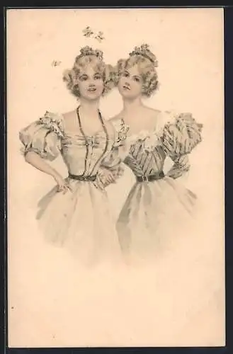 AK Zwei blonde Fräuleins und gelbe Schmetterlinge, Jugendstil