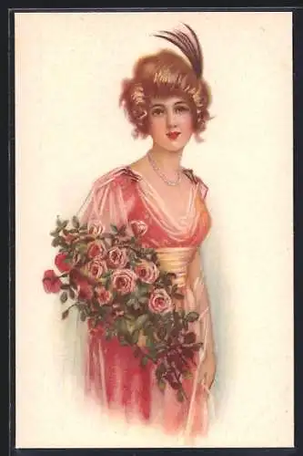 Künstler-AK Junge Dame mit Rosen, Art Deco