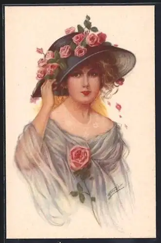 Künstler-AK sign. H. Fisher: Junge Dame mit Hut und rosa Rosen