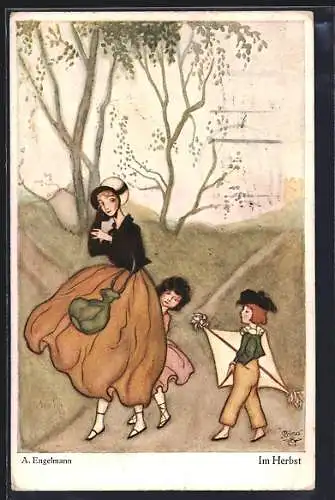 Künstler-AK sign. A. Engelmann: Im Herbst, Frau mit zwei Kindern in kahler Herbstlandschaft, Junge mit Drachen