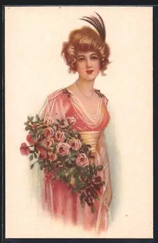 Künstler-AK Junge Dame mit Rosen, Art Deco