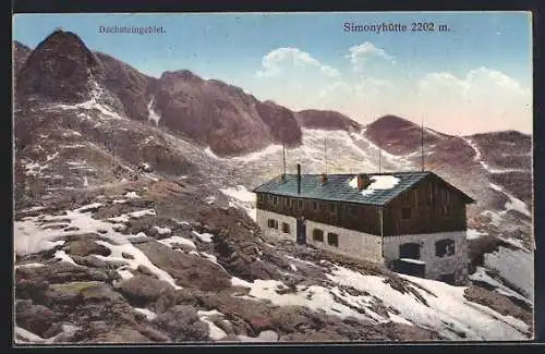 AK Simonyhütte, Aussenansicht mit Blick zum Dachsteingebiet