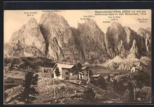 AK Regensburger-Hütte, Berghütte mit der Geisslergruppe, Kleine Fermeda, Odla und Fermedaturm