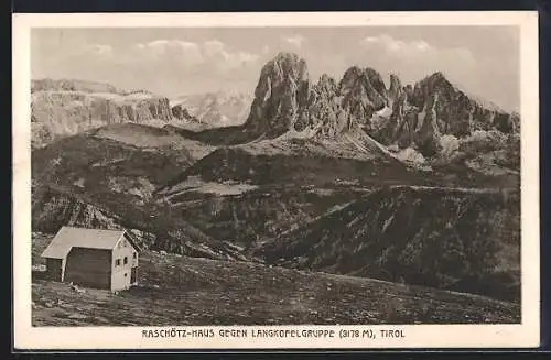 AK Raschötz-Haus, Berghütte gegen Langkofelgruppe