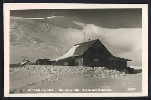 AK Rinnhoferhütte auf der Schneealpe mit Windberg im Winter