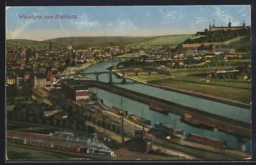 AK Würzburg, Blick vom Steinberg mit Eisenbahn, Boote