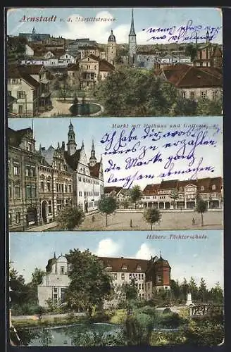 AK Arnstadt, Teilansicht von der Marlittstrasse, Markt mit Rathaus und Gallerie, Höhere Töchterschule