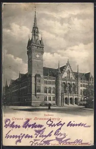 AK Braunschweig, Rathaus mit Strassenpartie