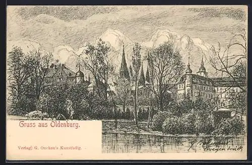 Künstler-AK Oldenburg / O., Ortspartie mit Schloss