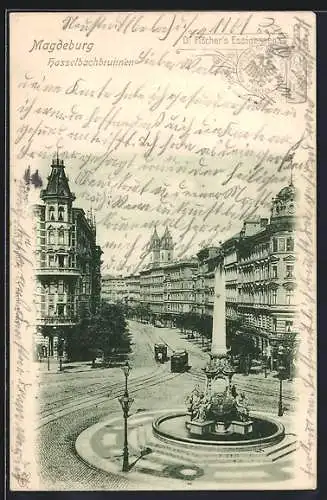 AK Magdeburg, Strassenpartie mit Hasselbachbrunnen und Strassenbahn