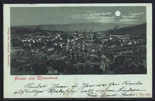 Mondschein-Lithographie Winterthur, Teilansicht mit Kirche