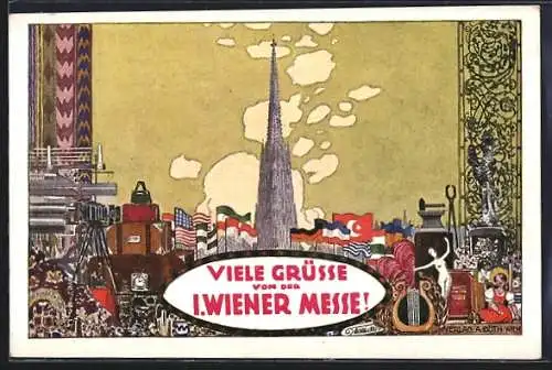 AK Wien, 1. Wiener Messe mit Kirchenturm, Fahnenmästen, Fotoapperat, gerahmte Ansicht