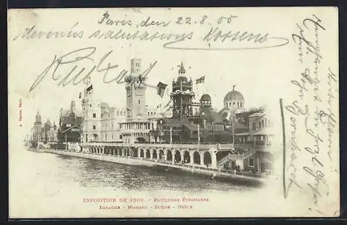 AK Paris, Exposition universelle de 1900, Pavillons Etrangers, Espagne, Monaco, Suède, Grèce