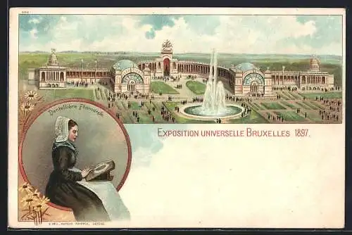 Lithographie Bruxelles, Exposition Universelle 1897, Dentellière Flamande, Ausstellungsgelände