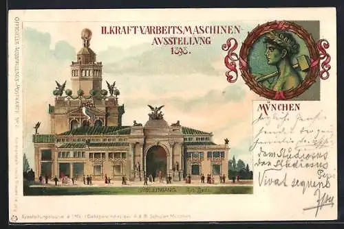 Lithographie München, II. Kraft- und Arbeitsmaschinen-Ausstellung 1898, Südlicher Eingang