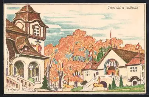 Künstler-AK sign. A. Tieche: Bern, Schweiz. Landesausstellung 1914, Cerevisia und Festhalle