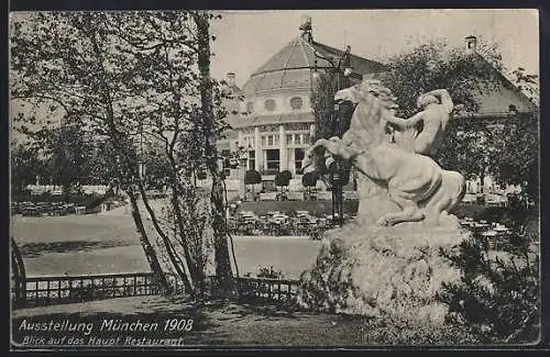 AK Ausstellung München 1908, Blick auf das Haupt Restaurant, Pferdestatue im Vordergrund