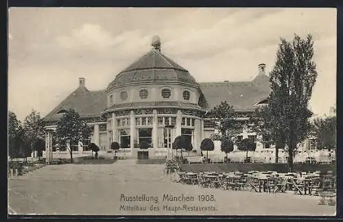 AK Mücnehn, Ausstellung 1908, Mittelbau des Haupt-Restaurants