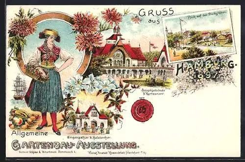 Lithographie Hamburg, Allgemeine Gartenbau-Ausstellung 1897, Hauptgebäude & Restaurant, Holstentor, Stadtgraben