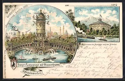 Lithographie Berlin, Gewerbe-Ausstellung 1896, Haupt-Restaurant mit Wasserturm, Panorama der Alpenfahrt