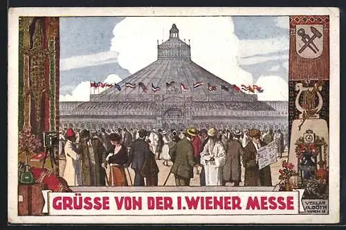 Künstler-AK Wien, 1. Wiener Messe, Ausstellungshalle und Besucher