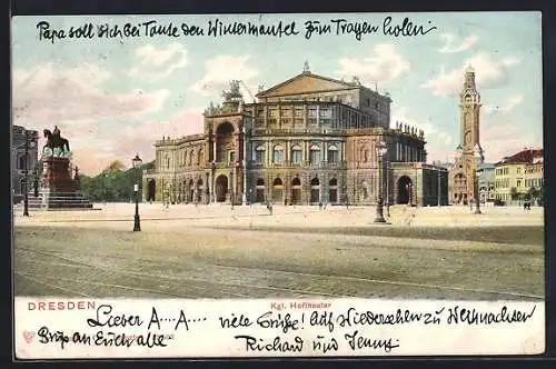 AK Dresden, Partie am Königl. Hoftheater mit Fernheizwerk und König Johann-Statue