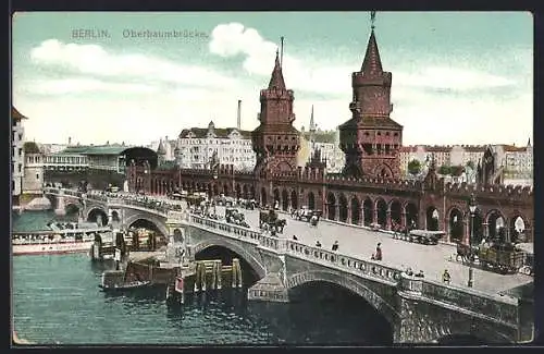 AK Berlin-Friedrichshain, Kutschen auf der Oberbaumbrücke, Dampfer