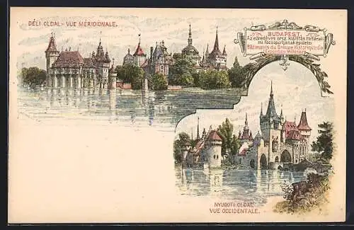 Lithographie Budapest, Batiments du Groupe Historique de l` Exposition Millénaire, Vue Méridionale, vue Occidentale