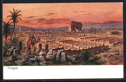 Künstler-AK Friedrich Perlberg: Timgad, Reiter am Rand der Ruinenanlage