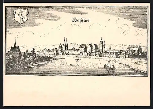 Künstler-AK Hassfurt, Historische Stadtansicht mit Wappen