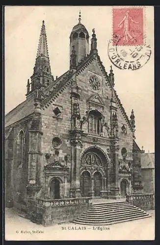 AK Saint-Calais, Facade de l`Église avec détail architectural remarquable