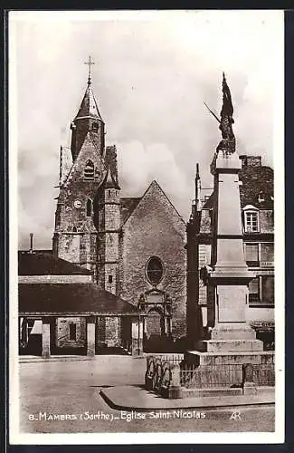 AK Mamers, Église Saint-Nicolas et monument en ville