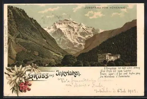 Lithographie Interlaken, Jungfrau mit Hotel vom Höhenweg