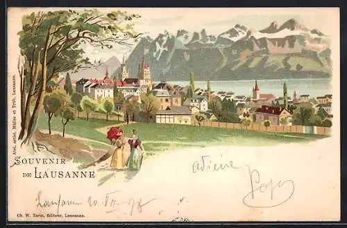 Lithographie Lausanne, Teilansicht mit Bergen