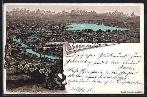 Lithographie Zürich, Totalansicht mit See und Schneebergen