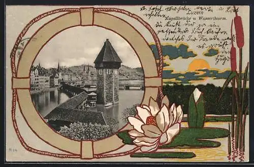 Passepartout-Lithographie Luzern, Kapellbrücke und Wasserturm