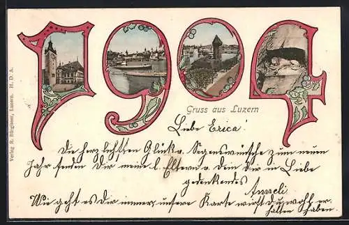 AK Luzern, Rathaus, Uferpartie und Löwendenkmal in Jahreszahl 1904