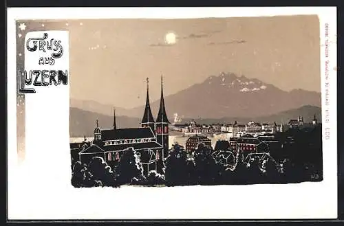 Lithographie Luzern, Teilansicht mit Kirche bei Mondschein