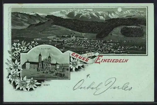 Mondschein-Lithographie Einsiedeln, Teilansicht, Kloster