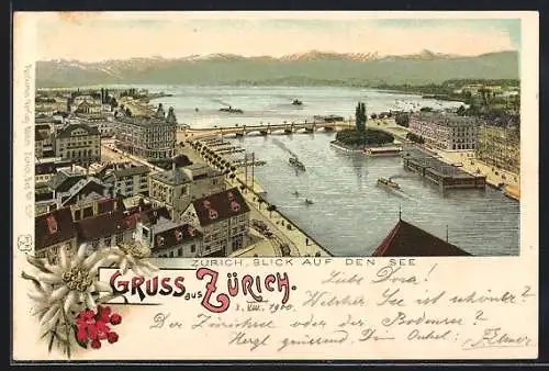 Lithographie Zürich, Totalansicht, Blick auf den See