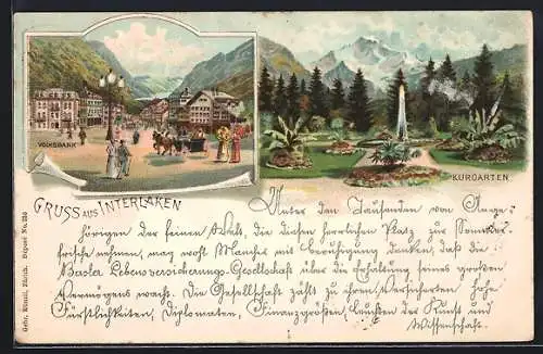 Lithographie Interlaken, Strassenpartie mit Volksbank, Kurgarten