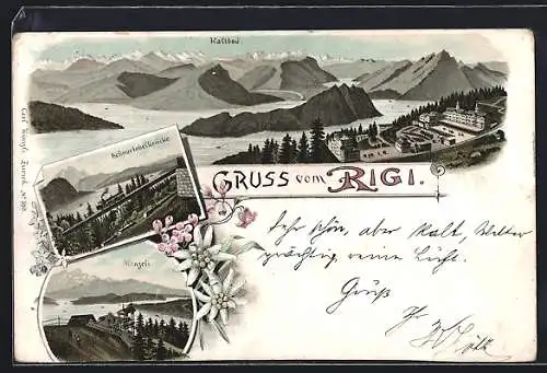 Lithographie Rigi, Kaltbad, Schnurtobelbrücke mit Eisenbahn, Känzeli