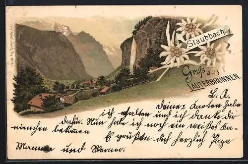 Lithographie Lauterbrunnen, Ortsansicht mit Bergen