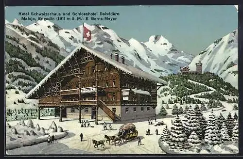 Künstler-AK Maloja /Engadin, Hotel Schweizerhaus und Schlosshotel Belvédère im Winter