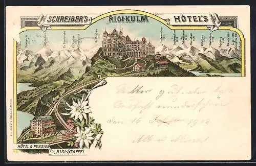 Lithographie Rigi-Kulm, Hotel & Pension Rigi-Staffel mit Schreiber`s Hotel`s