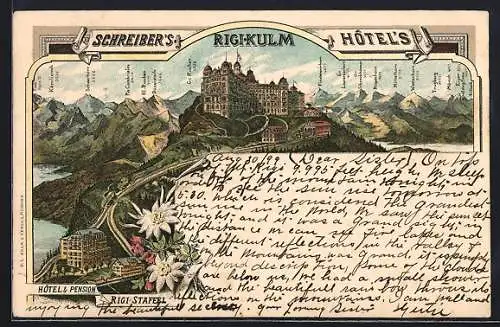 Lithographie Schweiz, Rigi-Kulm, Schreiber`s Hotel`s, Hotel & Pension Rigi-Staffel