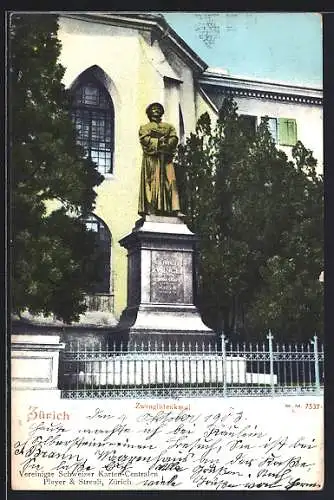 AK Zürich, Blick auf das Zwinglidenkmal