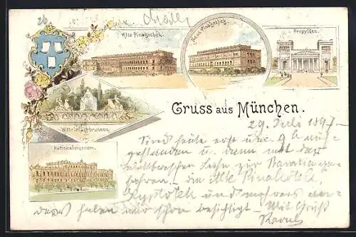 Lithographie München, Nationalmuseum, Wittelsbachbrunnen und Propyläen