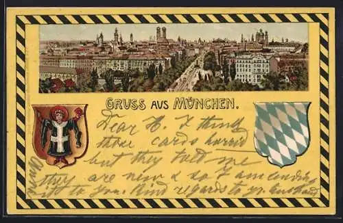 Lithographie München, Panorama und Wappen der Stadt