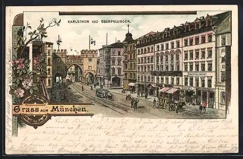 Lithographie München, Karlstor und Oberpollinger